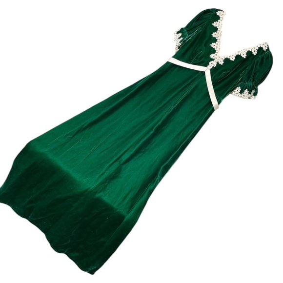 Vintage Dresses & Skirts - Seventies Bridgerton Emerald Green Velvet Vintage Maxi Dress Cream
